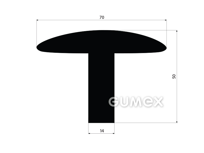 "T" Gummiprofil, 50x70/14mm, Länge 3200mm, 70°ShA, EPDM, ISO 3302-1 E2/L2, -40°C/+100°C, schwarz, 